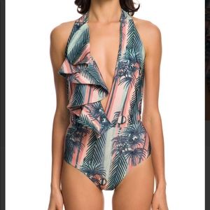 PatBo stripe ruffle deep v swimsuit